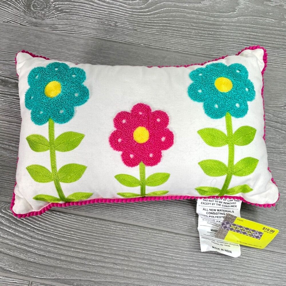 2017 Hobby Lobby The Spring Shop Throw Pillow Floral Embroidered Teal Pink White